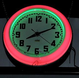Neon double -ring clock, red and green neon, working fine, 30" diameter
