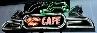 Neon - "At The Hop Café" articulated jumping frog, green and white neon, 33" x 108", working fine, late 20th century