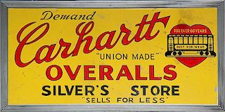 "Carhartt Overall" sign, self framed tin sign, 34" x 66", fine condition but could use a cleaning, color is vibrant