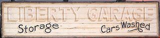 "Liberty Garage" self framed wood sign, dated 1924, 9' x 28"