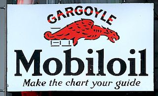 "Mobiloil Make The Chart Your Guide" flange sign, 15" x 24", very minor porcelain damage mostly on the flange itself
