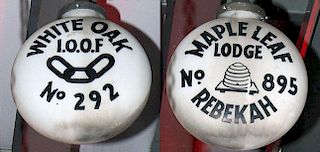 Odd Fellows Lodge globes, hand painted globes are 10" with iron pipe mounting brackets