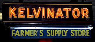 Neon two-sided porcelain "Kelvinator" sign with a tin marquee on bottom, 30" x 72"