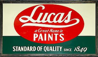 "Lucas Paints" tin sign, wood framed, 37" x 60"