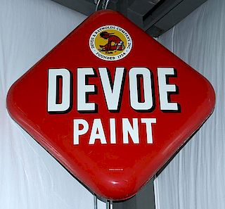 "Devoe Paint" porcelain sign 32" x 32", "Devoe and Reynolds Company Inc. Founded 1754", a great American cartouche