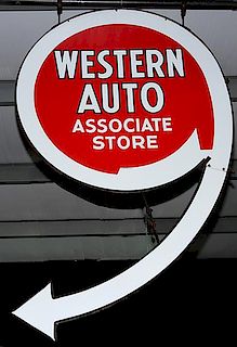 "Western Auto" porcelain dealer sign, original iron brackets, 84" x 54" mint condition