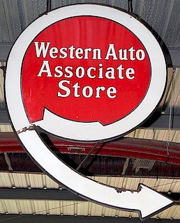 "Western Auto" porcelain dealer sign, original iron brackets, 84" x 54" minor porcelain loss