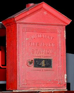 Auxiliary Fire Box Station No. 4, cast iron with original key 5" x 10" x 17"