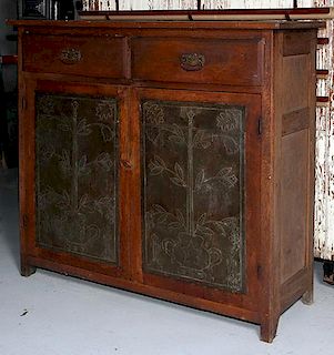 W Rich and Co., oak pie safe, all original with oak and tulip tins 20" x 57" x 53"