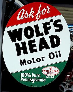 Wolfshead Motor Oil mint flange sign 22" x 16"