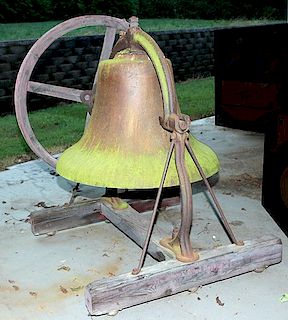 Large Courthouse of School Bell, has yoke and clapper, Number 36, bell is 26" x 38", fine condition with wood wheel, attached