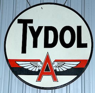 "Tydol" porcelain sign 6' diameter, minor porcelain loss which can be seen in photo, one side brighter than the other