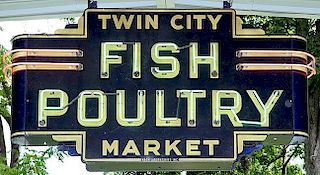 Neon "Fish and Poultry Market" sign Twin City Market 40" x 80" original working condition, two coloor neon with curved side p