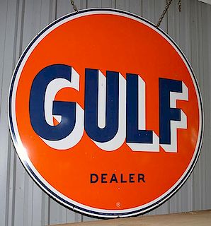 Gulf procelain two sided sign 6', fine condition with a few minor chips