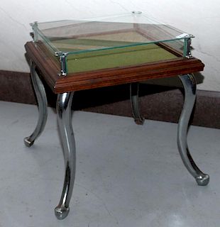 Ice cream parlor display table, unusual table with a 26" x 4" felt lined display case, cherry stained frame, large nickel pla