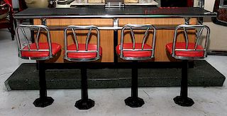 Mid century F.W. Woolworth lunch counter from the original store in Chattanooga, four matching chrome on iron bases, vitrolit