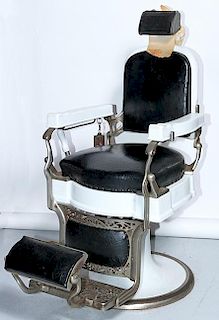 Koken Barber Chair with original foot  and head rest and razor strap, white porcelain