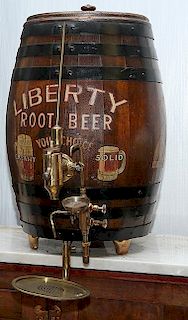 Liberty Root Beer Barrel, original paint decorated and original dispenser, nice original condition approx. 20" x 30"