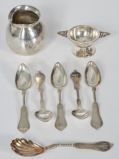 Coin and .900 Silver Spoons, Salt, and Jar