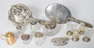 Sterling Silver Art Nouveau Hand Mirror, Glass Dresser Jars and Other Accessories