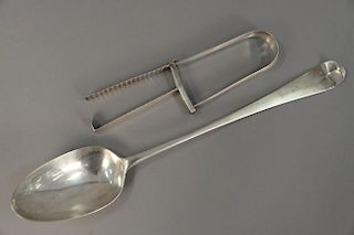 Large Continental silver serving spoon (lg. 15in.) and Continental silver biscuit tongs. 9.9 t oz.