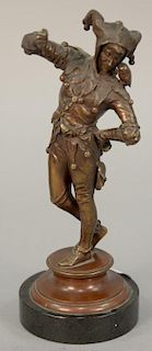 Eugene Barillot bronze figure of a jester on a marble base signed E. Barillot (staff is broke). ht. 9 1/2in.