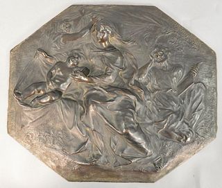 Bronze relief plaque of Baby Jesus next to Mary, unsigned, 11 3/4" x 14".