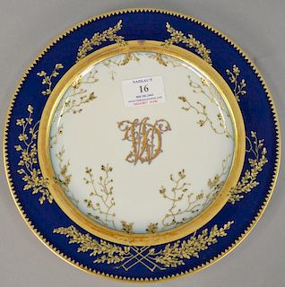 Set of twelve Pirkenhammer porcelain cabinet plates, cobalt blue and gold border, marked on back Wahliss Wien made in Austria