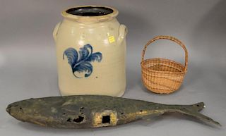 Cod fish weathervane (as is) with remnant of gilt (lg. 24in.) and blue decorated crock and basket (ht. 11in.)