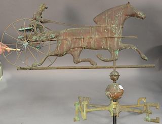 Horse and sulky weathervane, copper with directions, mid to late 20th century. ht. 59 1/2in., lg. 33in.