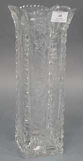 Universal cut glass vase square with ground floral designs. ht. 14 1/4in.