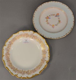 Two sets of porcelain plates including set of ten Mintons luncheon plates with light blue dot design and gilt and flower cent
