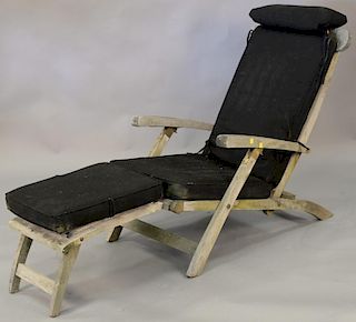 Set of three teak folding lounge chairs with adjustable backs. lg. 65in.