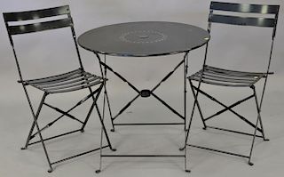 Small outdoor metal folding table and two chairs. ht. 28in., dia. 30in.