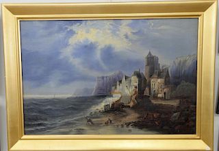 F.C. Martin oil on canvas stormy night in coastal mountainous town, signed lower left F.C.Martin, 24" x 36".