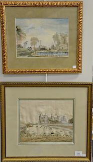 Set of three fine 19th century watercolor and silk embroideries, largest is needlework of a castle with drawbridge (sight siz