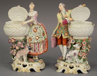 Pair of Chelsea porcelain figure s, mand and a woman with basket, probably 19th century (repairs). ht. 7 1/2in.