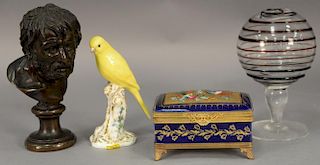 Four piece lot to include bronze bust of "Pseudo-Seneca" on bronze pedestal base (ht. 8in.), French porcelain jewelry box hav