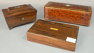 Three Rosewood and burlwood boxes to include brass inlaid glove box (lg. 11 1/4in.), Rosewood box with cloth interior (lg. 9i