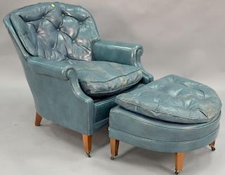 Leather blue easy chair and ottoman (some wear).