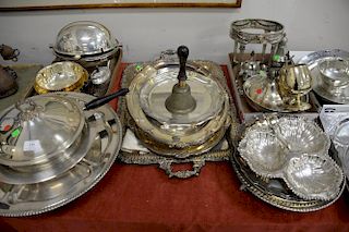 Large group of silverplate including flatware set, large Victorian tray, round serving trays, revolving tureen, etc.