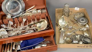 Tray lot of sterling silver jewelry and flatware along with silverplated flatware set and miscellaneous items. approximately 