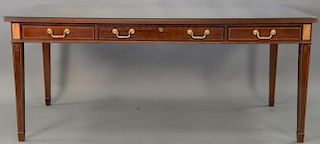 Councill mahogany inlaid computer/writing desk with glass top. ht. 30 1/2in., top: 36" x 72"