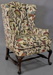 Queen Anne style wing chair with crewelwork upholstery. total ht. 45in.