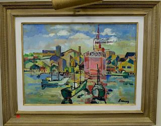 Two oil on canvas harbor scenes, Gloucester Harbor, geometric landscape signed illegibly lower right (16" x 22") and oil on c