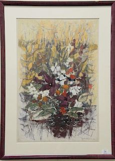Roger Lynn Crossgrove (1921), pastel over watercolor, Red and White Flowers in a Vase, signed lower right Roger Lynn Crossgro