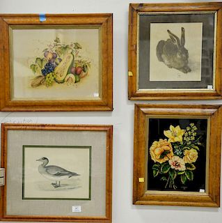 Five piece lot to include two ducks, foil picture, rabbit, and theorem still life, all with figured maple frames. sight sizes