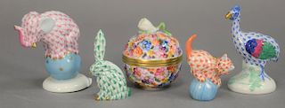 Five Herend porcelain pieces to include dancing elephant in pink fish net, cat on yarn, red fishnet, green fishnet rabbit, bl