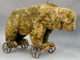 Early stuffed rid-on child's toy, probably late 19th century (as is). ht. 13in., lg. 20 1/2in.