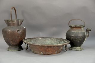 Three large copper pieces to include a large bowl or basin with iron ring, rim, and handles; large waterpot with bronze handl